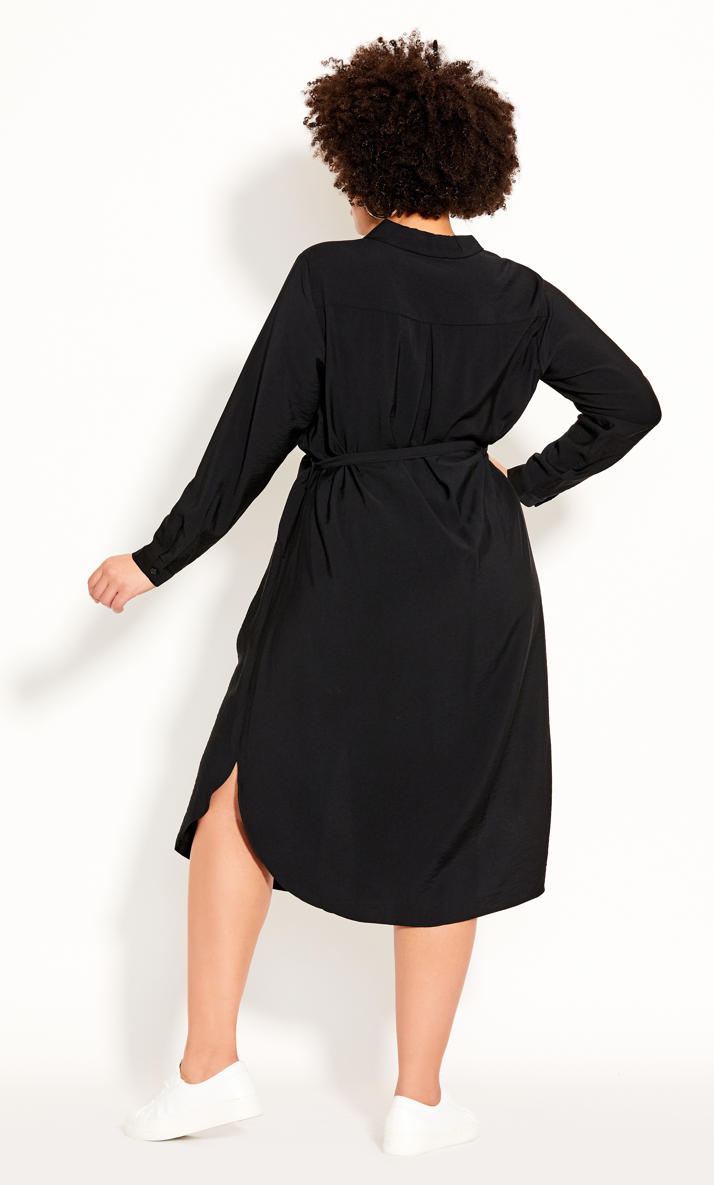 black fitted waist shirt dress